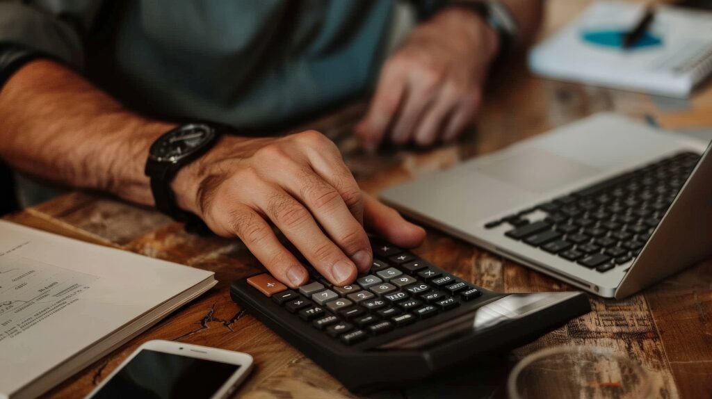 Person using a financial calculator, planning their savings and investments