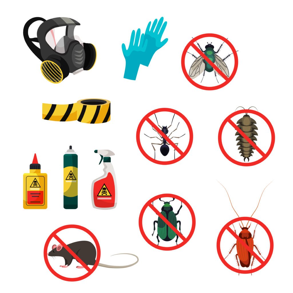 No insects signs, barrier tape, protective uniform such as gloves, respirator, chemicals in bottles for extermination and disinfection set. Pest control service and fumigation.